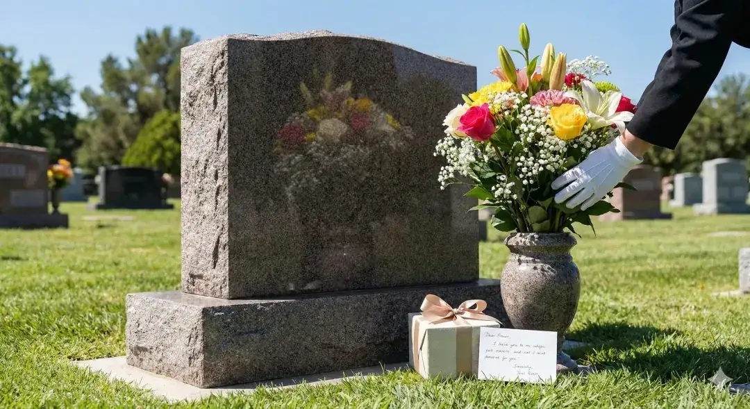 Fresh flowers and a handwritten note placed at a granite headstone